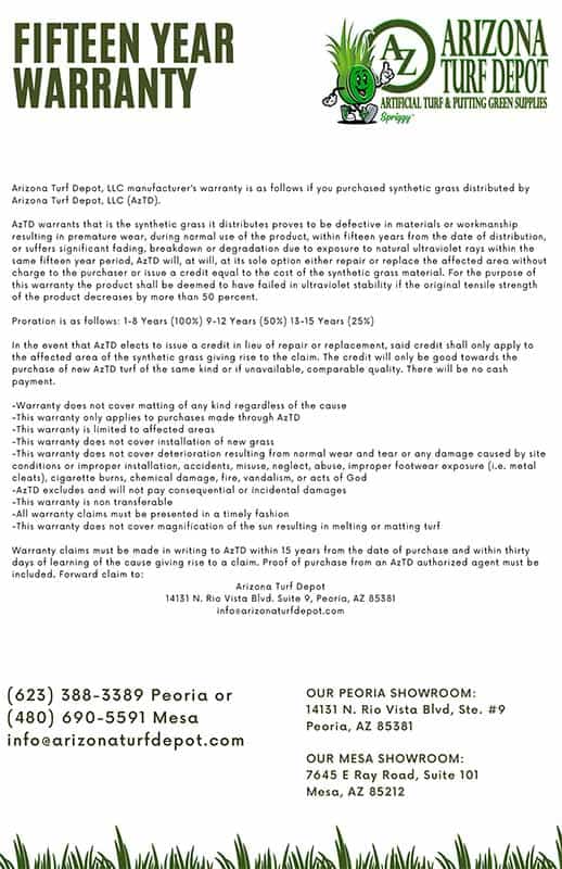 AZ Turf Depot 15 Year Warranty